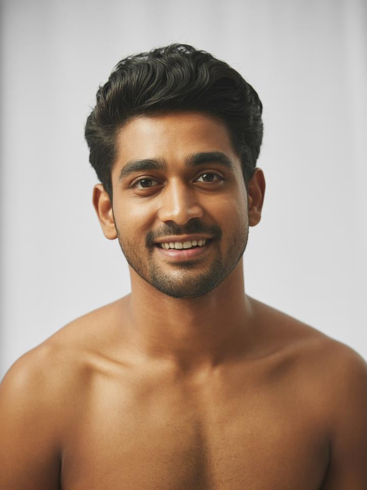 Arjun — AI fashion model: Wavy dark hair, stubble, warm smile